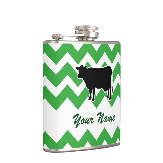 Kuh-Silhouette mit grünem Zickzack Muster Flachmann (Rechts)