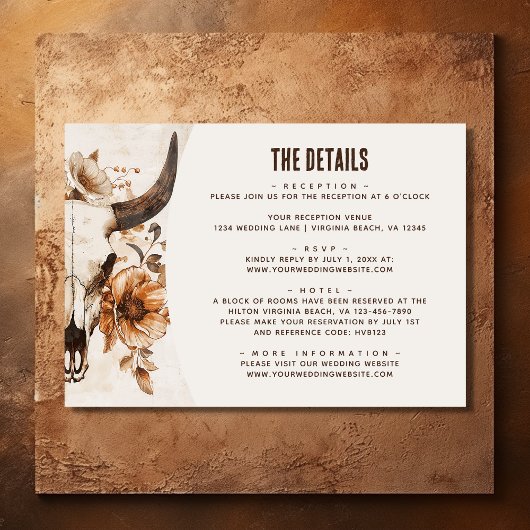Kuh Skull Floral Boho Western Hochzeitdetails Begleitkarte