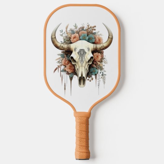 Kuh Skull Peach & Soft Blue Blumen Schöne Pickleball Schläger (Vorderseite)