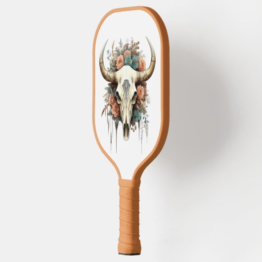 Kuh Skull Peach & Soft Blue Blumen Schöne Pickleball Schläger (Links)