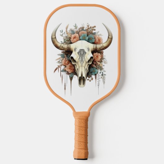 Kuh Skull Peach & Soft Blue Blumen Schöne Pickleball Schläger (Rückseite)