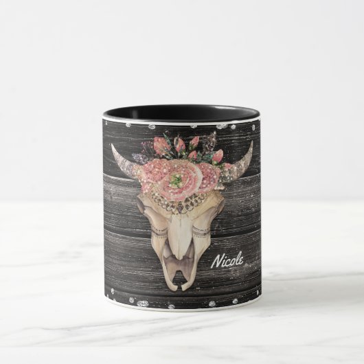 Kuh Skull Rustikaler Glitzer Glam Personalisiert B Tasse (Zentrum)
