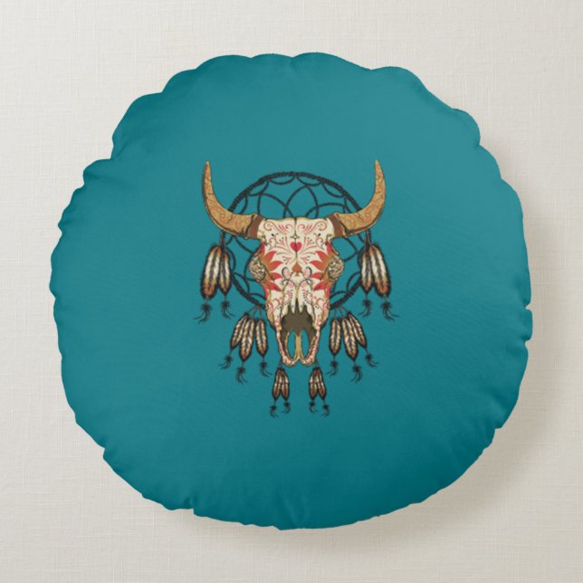 Kuh Skull Southwestern Dream Catcher Rundes Kissen (Vorderseite)