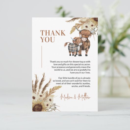 Kuh Sonnenblumen Farm Baby Dusche Danke Karte (Stehend Vorderseite)