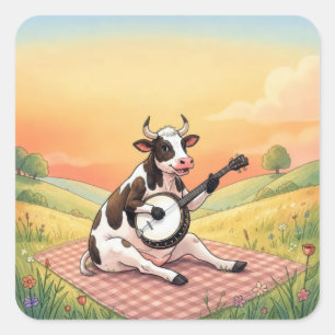 Kuh spielt Banjo auf einer Decke Quadratischer Aufkleber