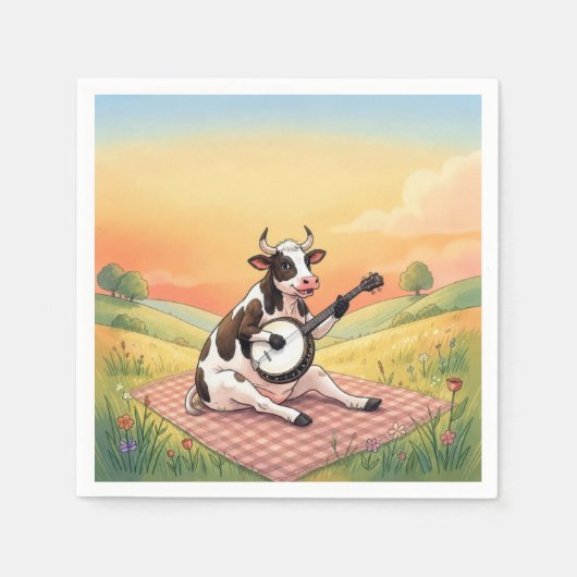 Kuh spielt Banjo auf einer Decke Serviette (Vorderseite)