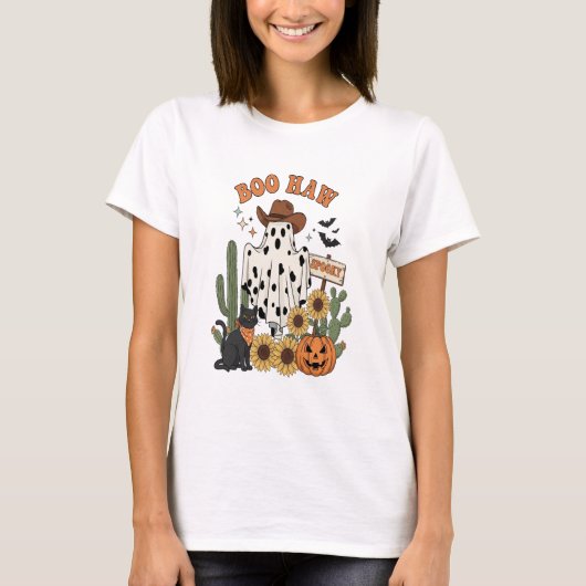 Kuh Spot Ghost Western Funny Halloween T-Shirt (Vorderseite)