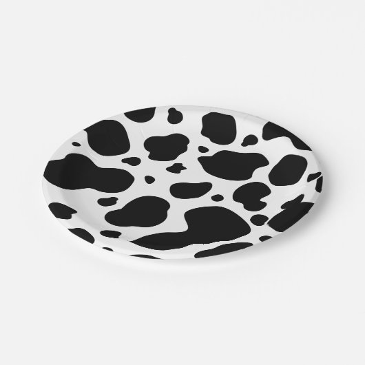 Kuh-Stellen-Muster-Schwarzweiss-Tierdruck Pappteller (Schrägansicht)