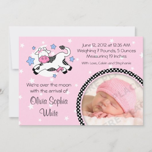 Kuh über dem Mond Baby Foto Geburtsankündigung Ankündigung (Vorderseite)