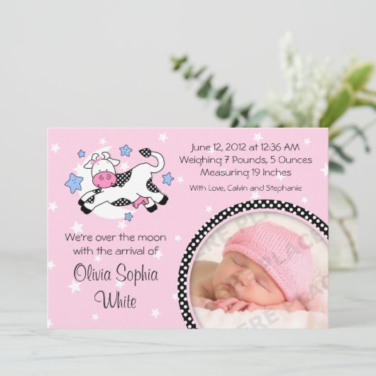 Kuh über dem Mond Baby Foto Geburtsankündigung Ankündigung (Stehend Vorderseite)