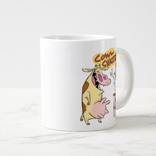 Kuh und Hühnchen lächelnd Grafik Jumbo-Tasse (Vorderseite Rechts)
