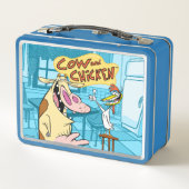 Kuh und Hühnchen lächelnd Grafik Metall Brotdose (Rückseite)