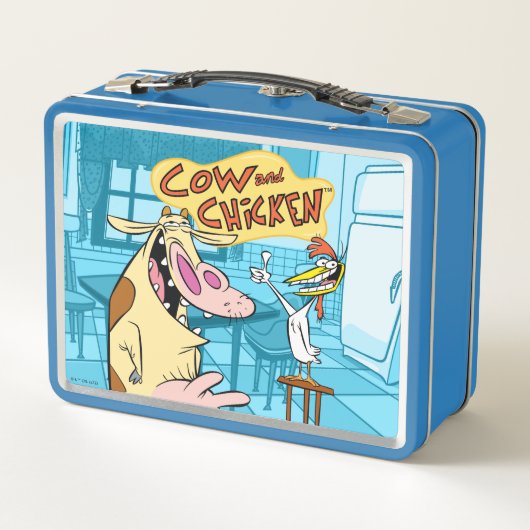 Kuh und Hühnchen lächelnd Grafik Metall Brotdose (Rückseite)