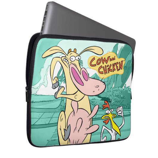 Kuh und Hühnchen mit grafischer Darstellung Laptopschutzhülle (Vorne Rechts)