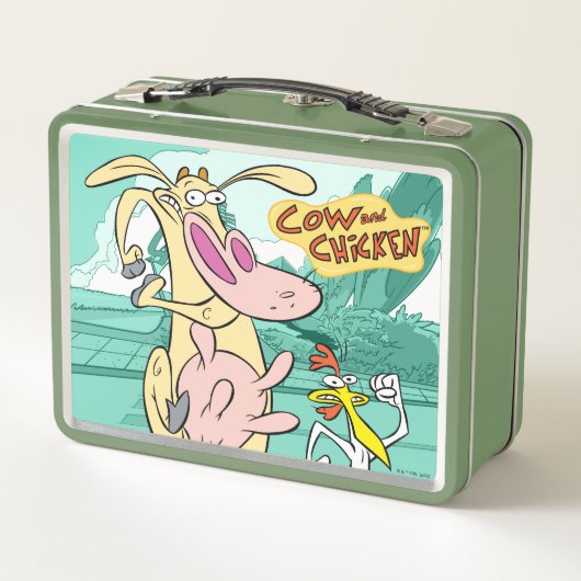 Kuh und Hühnchen mit grafischer Darstellung Metall Brotdose (Rückseite)