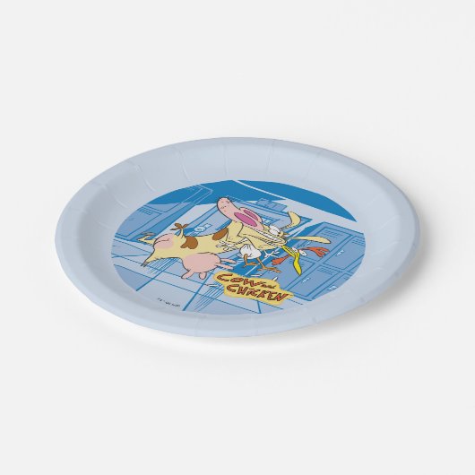 Kuh- und Hühnerstück-Grafik Pappteller (Schrägansicht)