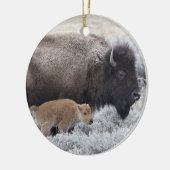 Kuh und Kalb Bison, Gelbstein Keramik Ornament (Links)