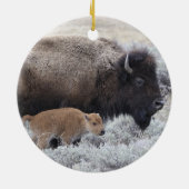 Kuh und Kalb Bison, Gelbstein Keramik Ornament (Hinten)