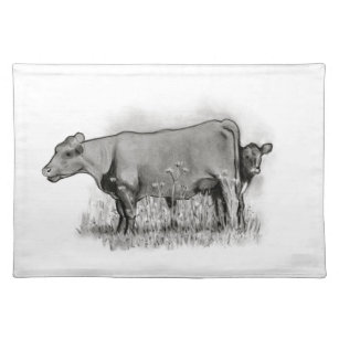 Kuh-und Kalb-Bleistift-Zeichnen: Bauernhof, Land Stofftischset