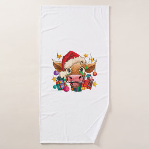 Kuh Weihnachtsfeier Weihnachtsmannmütze Lichter We Badehandtuch
