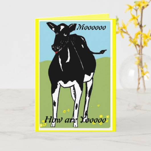 Kuh zeichnend, Sprichwort Mooo, wie geht es dir? Karte (Gelbe Blume)