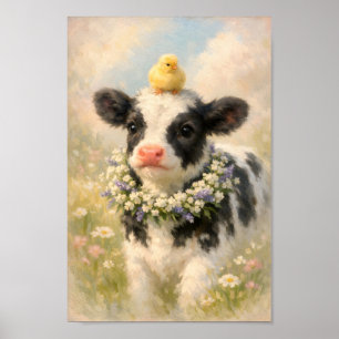Kuhbaby mit Küken und Blumenkranz Gemälde Poster