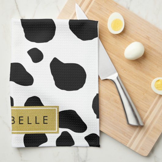 Kuhdruck, Kuhstrümpfe, Schwarz und Weiß, Ihr Name Geschirrtuch (Viertel Falte)