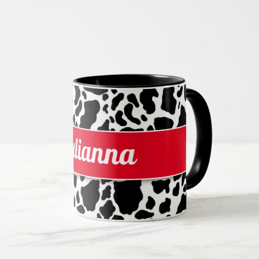 Kuhdruck mit roter Grenze und weißem Namen Tasse (VorderseiteRechts)