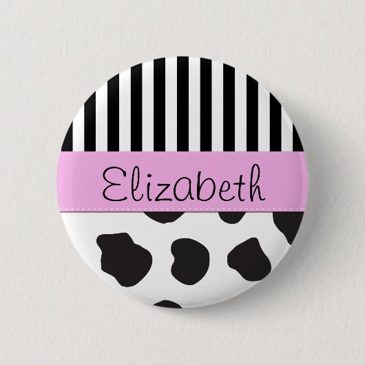 Kuhdruck, Streifen, Schwarz und Weiß, Ihr Name Button (Vorderseite)