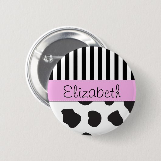Kuhdruck, Streifen, Schwarz und Weiß, Ihr Name Button (Vorne & Hinten)