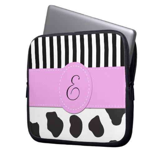 Kuhdruck, Streifen, Schwarz und Weiß, Monogramm Laptopschutzhülle (Vorderseite Links)