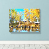 Kühe im Herbst im Teich Leinwanddruck (Insitu (Holzboden))