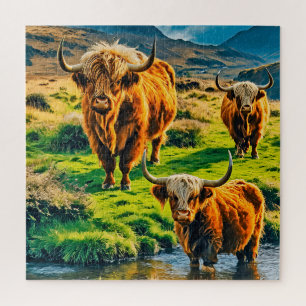 Kühe im Hochland in einer ruhigen Landschaft Puzzle