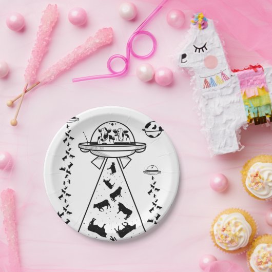 Kühe in einem UFO-Raumschiff Pappteller (Party)