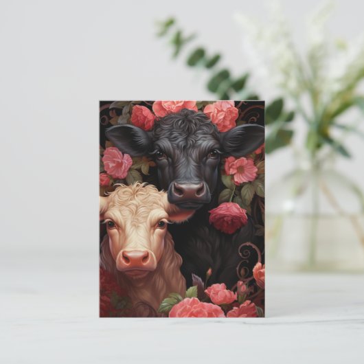 Kühe in rosa Blume Postkarte (Stehend Vorderseite)