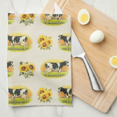 Kühe und Sonnenblumen auf gefalteter Leinenstruktu Geschirrtuch (Viertel Falte)