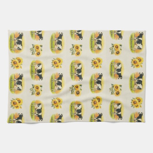 Kühe und Sonnenblumen auf gefalteter Leinenstruktu Geschirrtuch (Horizontal)