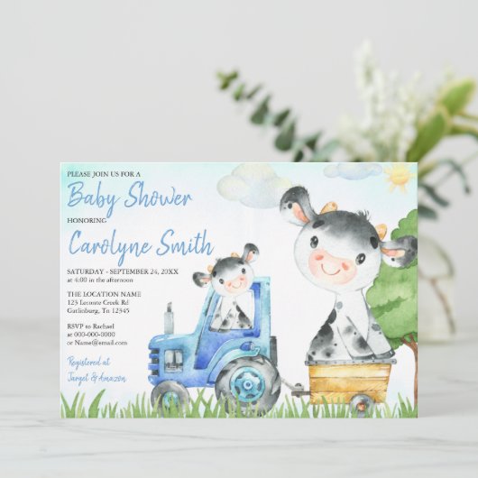 Kuhfarm Baby Dusche Einladung Junge (Stehend Vorderseite)