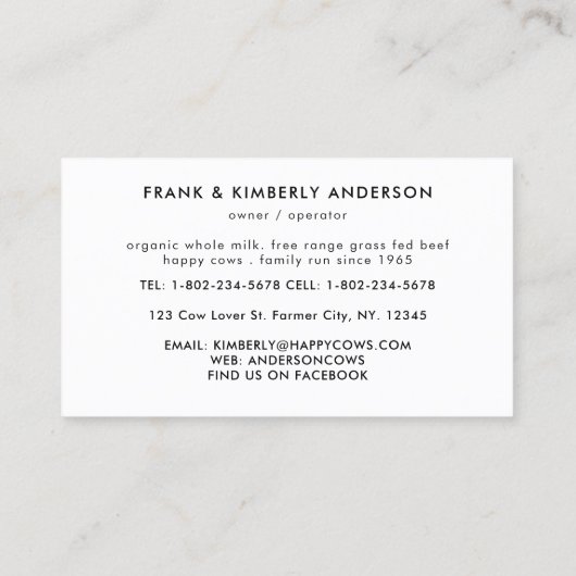 Kuhfarm Holstein Milchfarbe Visitenkarte (Rückseite)
