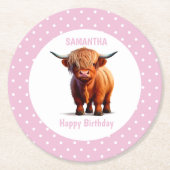 Kuhhochland PINK Runder Pappuntersetzer (Vorderseite)