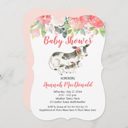 Kuhkoralle und rosa Blütendusche laden ein Einladung (Vorne/Hinten)