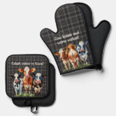 Kuhkurse auf Kariertem Schwarz Ofenhandschuh & Topflappen-Set (Vorderseite/Rückseite)