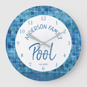 Kühle Blaue Fliesen Schwimmbad Familienname cUSTOM Große Wanduhr