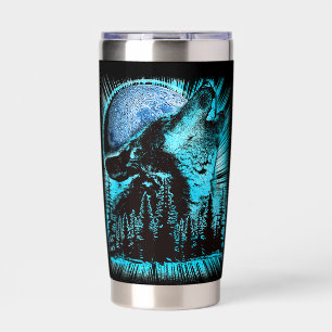 Kühle blaue heulende Wolfmond-Kieferwälder cool Thermobecher