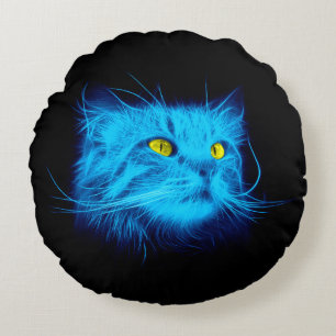 Kühle blaue Neon-Katzenkunst - Leuchtendes Tierdes Rundes Kissen