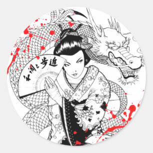 Kühle Blutspritzer-Geisha mit Fächer-Drachen-Tatto Runder Aufkleber