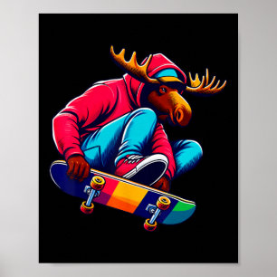Kühle funky Elch-Skateboarding-Illustrationskunst Poster