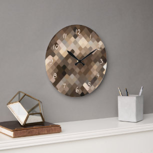Kühle funky Taupe-Beige-Braun-Mosaik-Kunstmuster Große Wanduhr