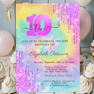 Kühle Glitter-Tropfen Tie Dye 10. Geburtstag Einladung