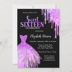 Kühle lila Glitter-Tropfen, Kleid Schwarz Sweet 16 Einladung